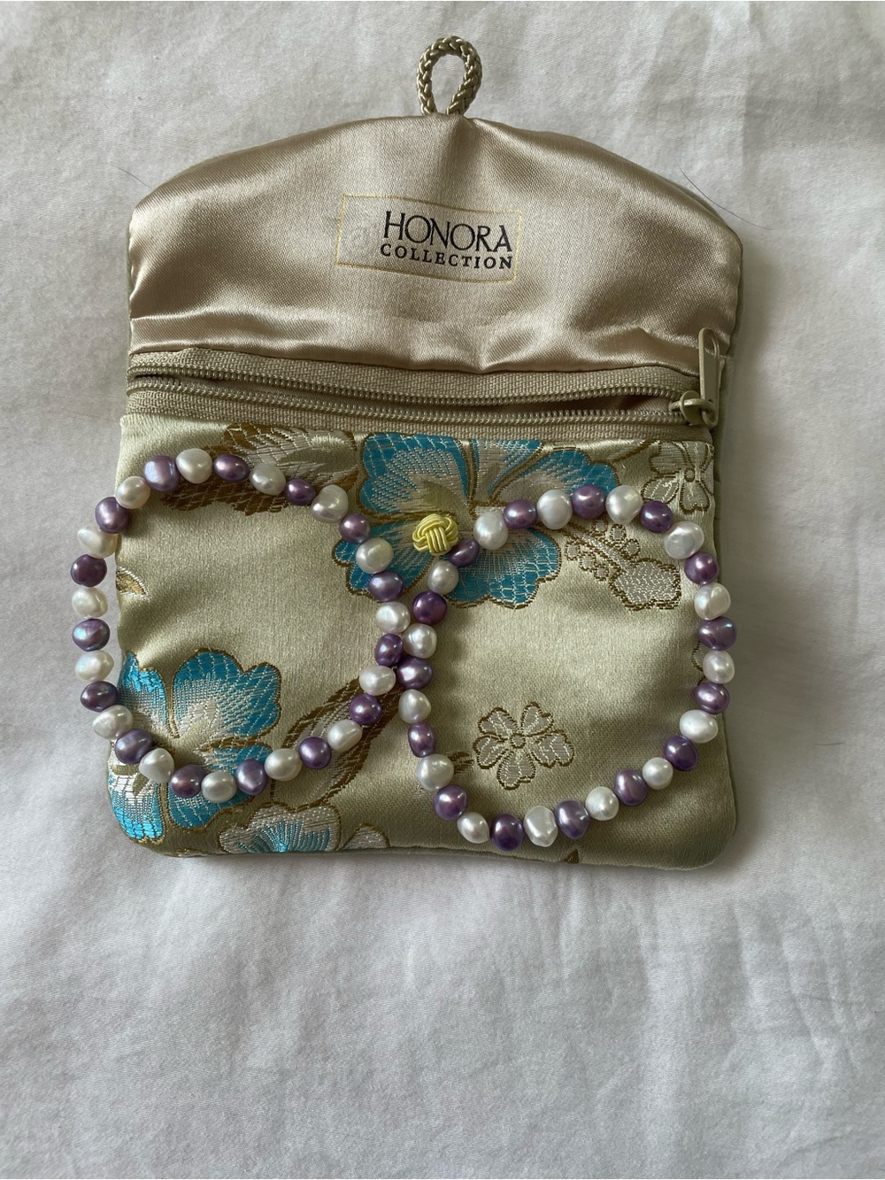 Gold Floral Satin Pouch with REAL Pearl Bracelets